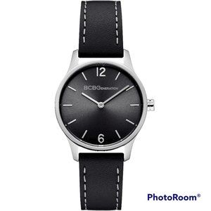 BCBG Women  BCBGeneration Silver Tone/Black Leather Band  Watch